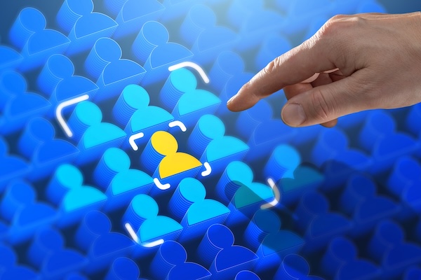 A hand interacts with a digital interface highlighting a unique candidate among many.